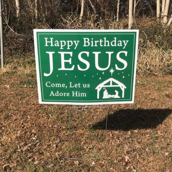 Happy Birthday Jesus Yard Sign  |  Nativity Scene Yard Sign With Step Stake  |  Christmas Lawn Sign  |  Single-Sided  |  Holiday