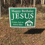 Load image into Gallery viewer, Happy Birthday Jesus Yard Sign  |  Nativity Scene Yard Sign With Step Stake  |  Christmas Lawn Sign  |  Single-Sided  |  Holiday
