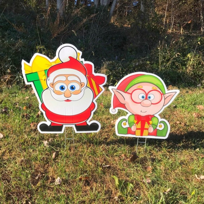 Santa Claus with Elf Yard Decoration  |  Christmas Lawn Decor  |  Santa Lawn Sign  |  Elf Lawn Sign  |  Full Color Print  |  Single-Sided  |  Holiday