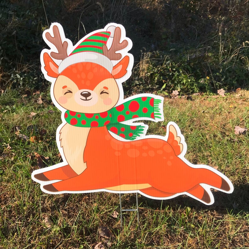 Reindeer Yard Decoration  |  Reindeer Lawn Sign  |  Christmas Yard Decor  |  Full Color Print  |  Single Sided  |  Holiday