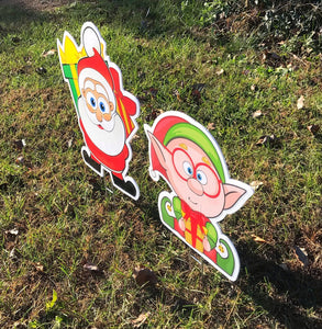 Santa Claus with Elf Yard Decoration  |  Christmas Lawn Decor  |  Santa Lawn Sign  |  Elf Lawn Sign  |  Full Color Print  |  Single-Sided  |  Holiday